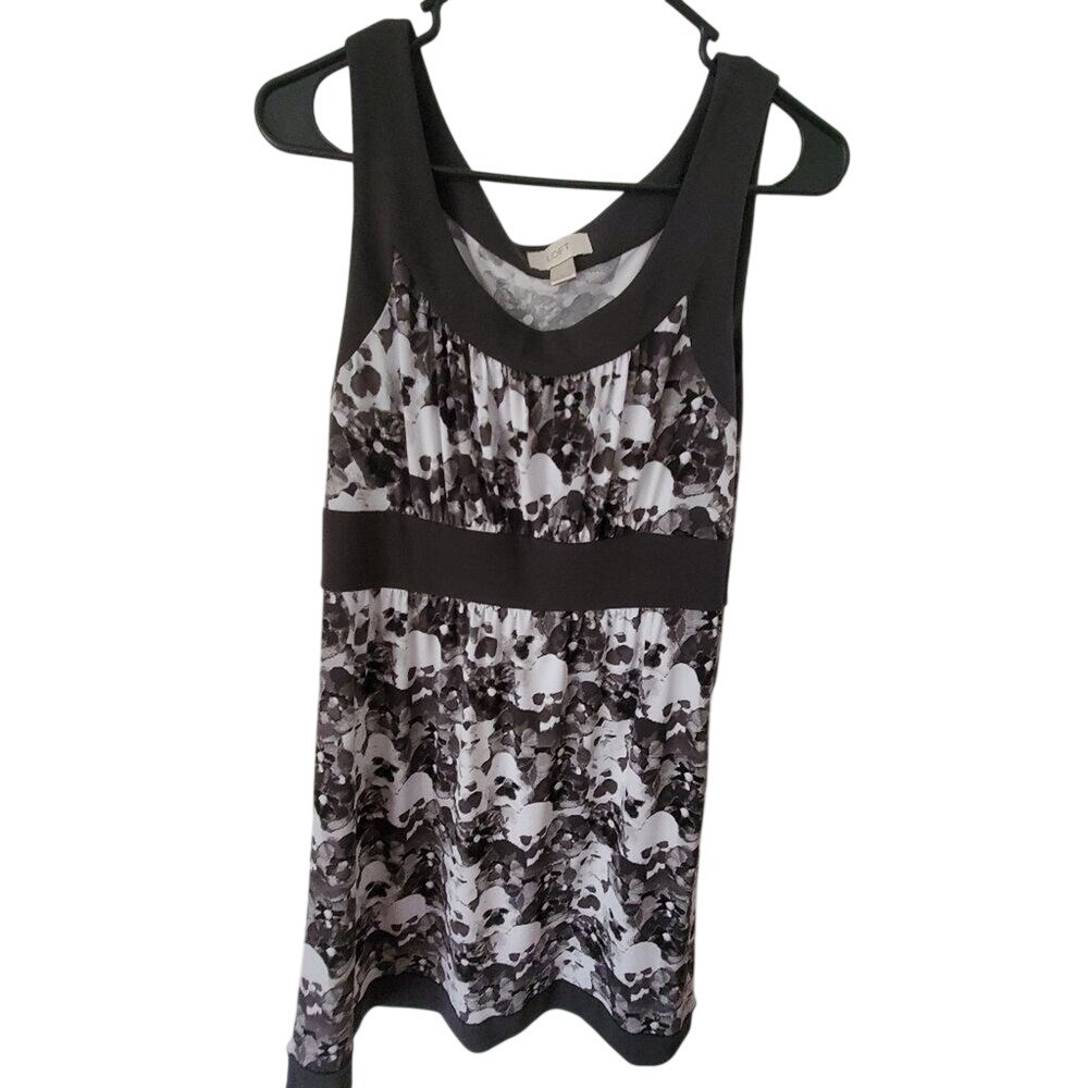 LOFT Ann Taylor Skull Floral Print Empire Waist Sleeveless Tunic Top Small Gray